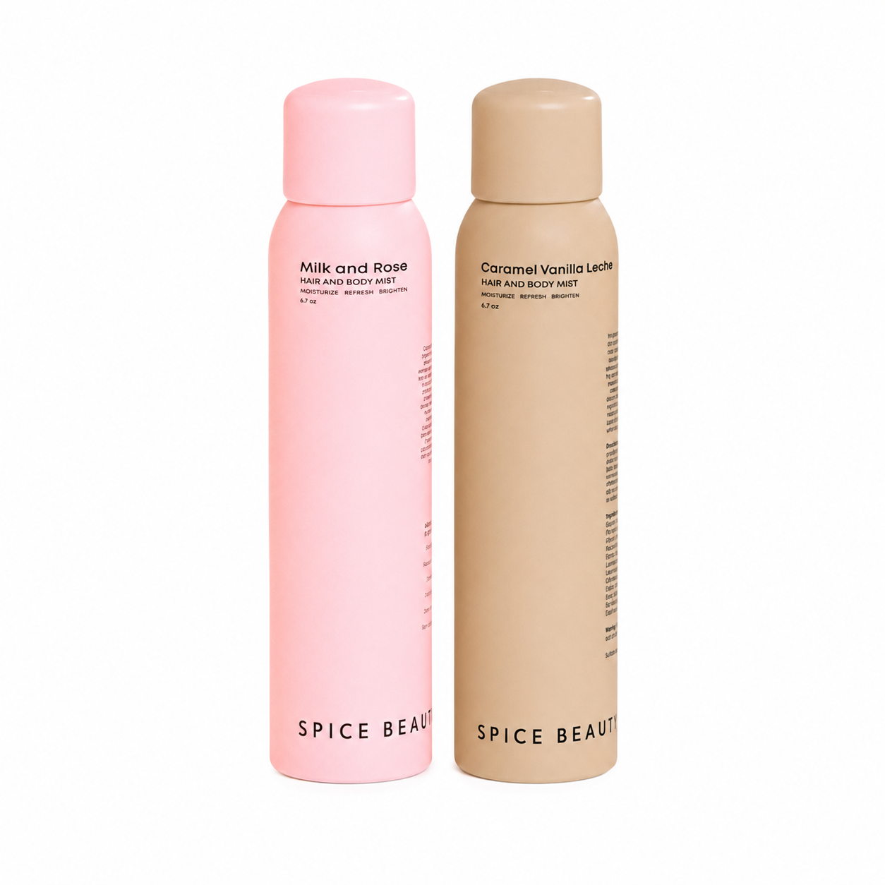 Spice Beauty body mist duo: Milk & Rose pink bottle and Caramel Vanilla Leche caramel bottle side by side