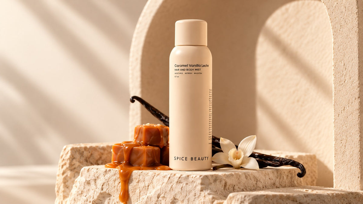 Caramel Vanilla Leche mist on a stone ledge with caramel and vanilla bean