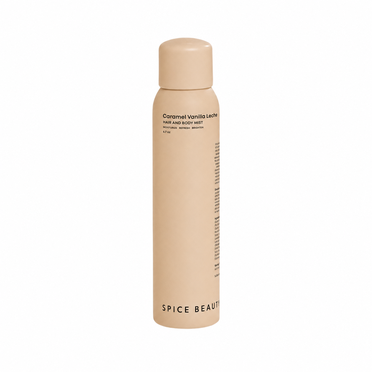 Spice Beauty Caramel Vanilla Leche Hair and Body Mist, 6.7 oz caramel-colored bottle on white