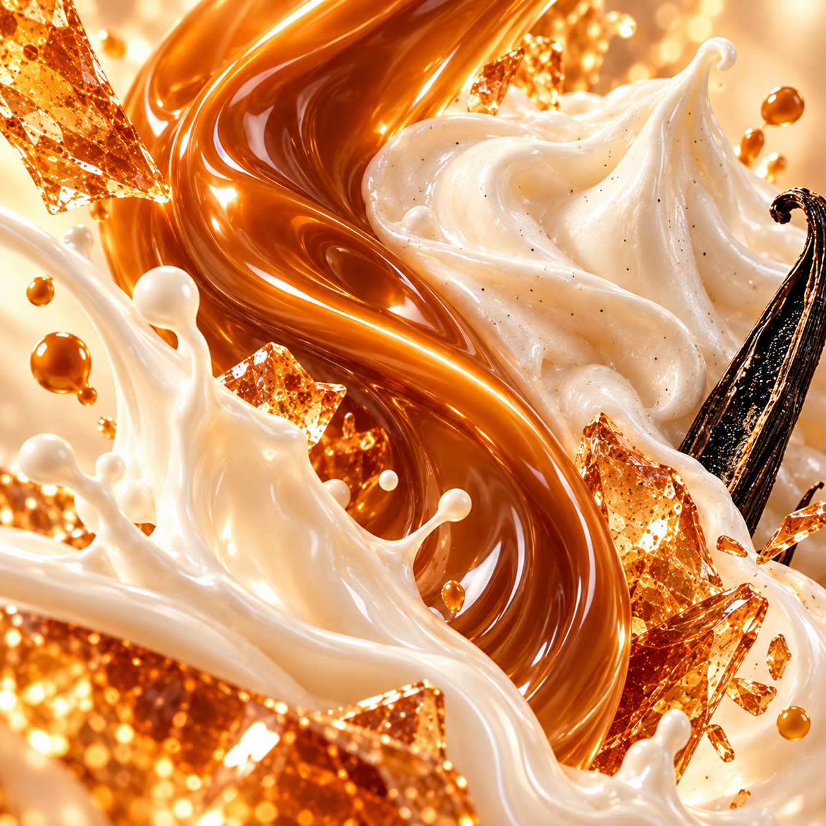 Close-up of caramel swirl, whipped cream and vanilla bean, the Caramel Vanilla Leche scent story