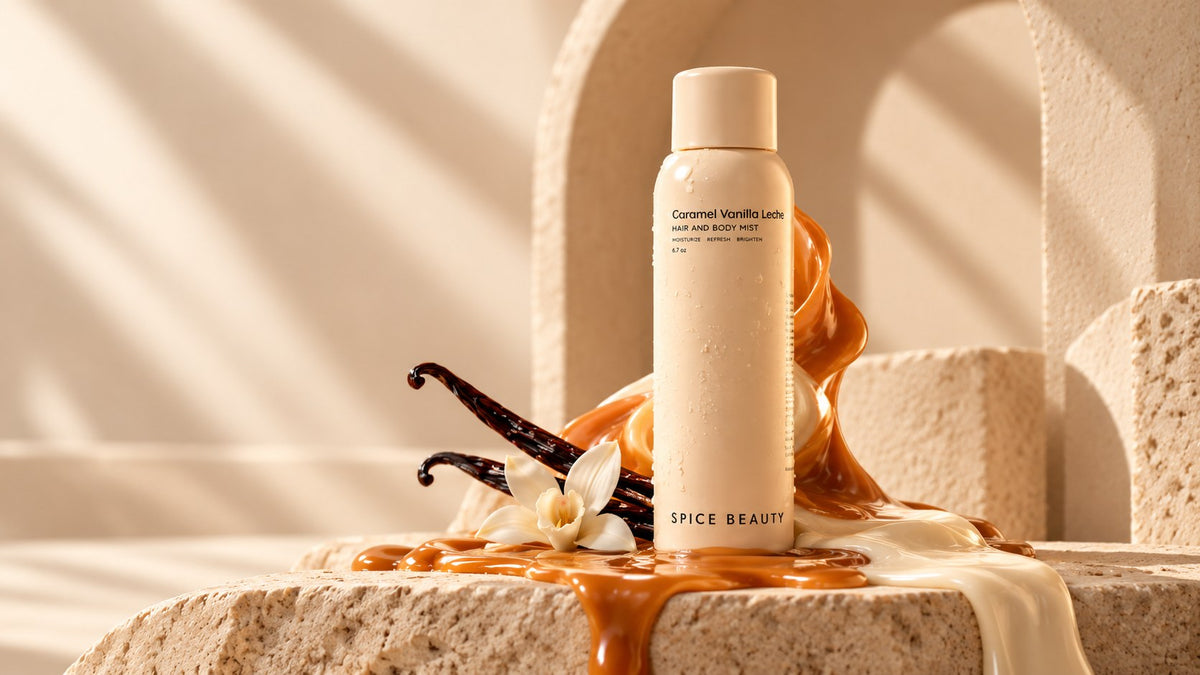 Caramel Vanilla Leche mist with caramel and cream drizzle