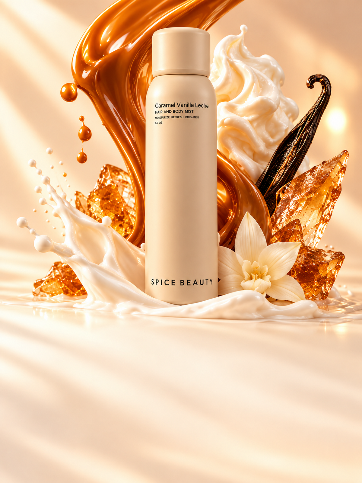 Caramel Vanilla Leche Hair & Body Mist bottle with caramel, cream and vanilla flower, mobile hero