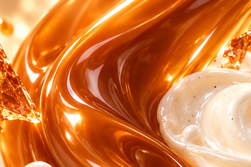 Glossy ribbon of golden caramel, the first note of Caramel Vanilla Leche
