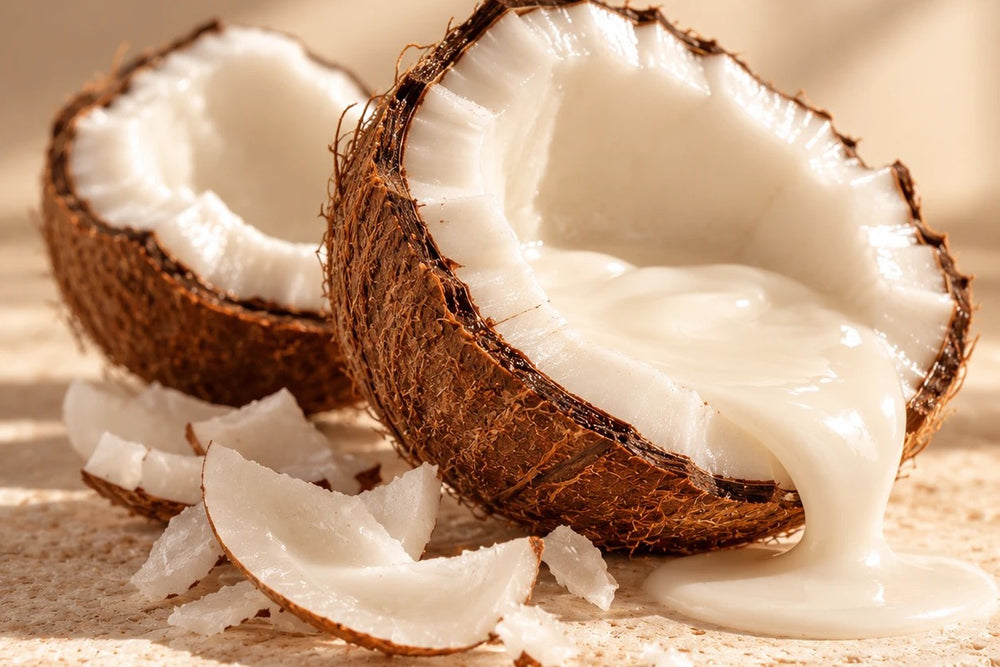 Halved coconuts with creamy coconut milk, the soft coco note in Caramel Vanilla Leche