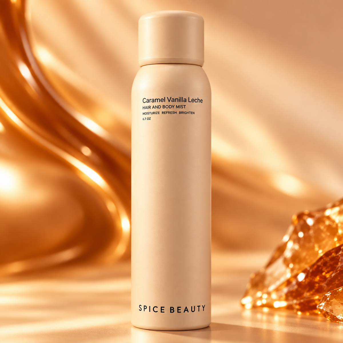 Caramel Vanilla Leche Hair & Body Mist 6.7 oz bottle on a caramel background, label close-up